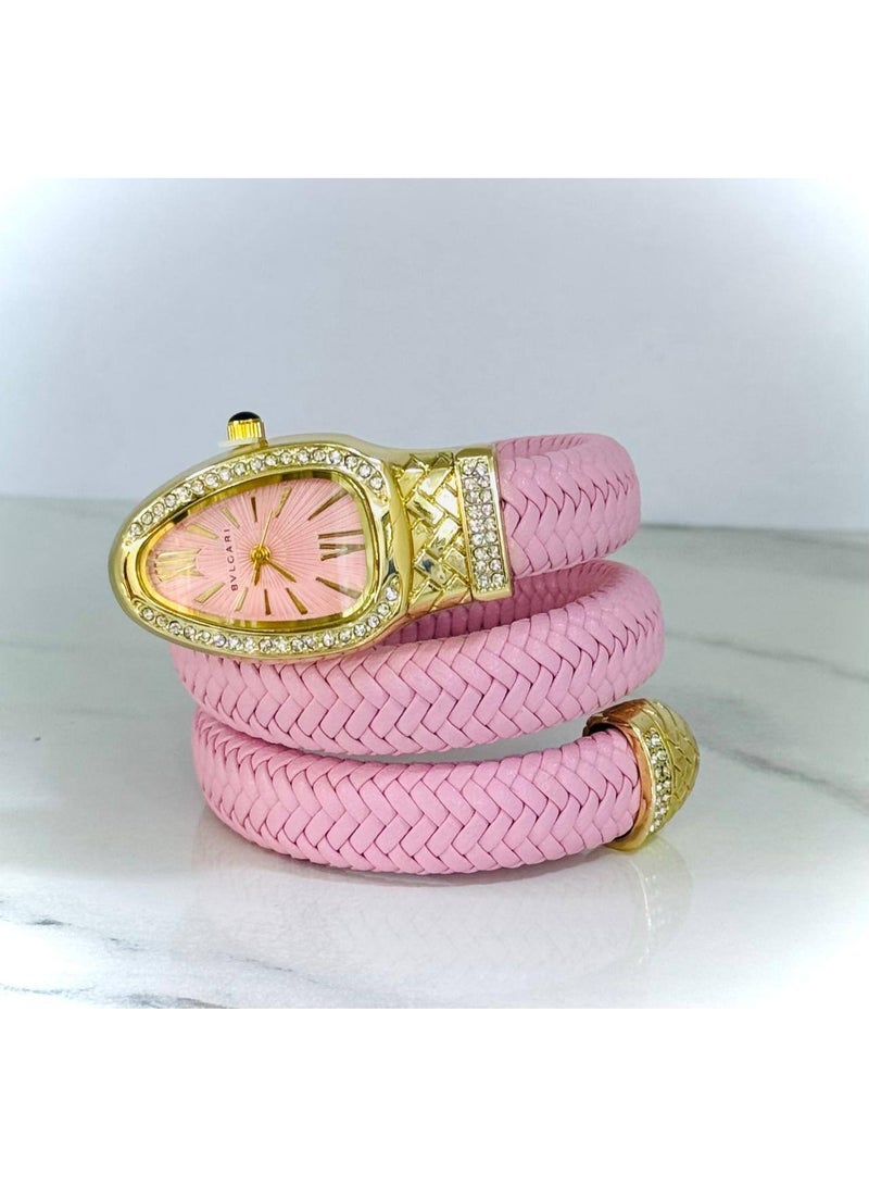 بولغاري ساعة يد حريمي فاخرة أنالوج – سوار حلزوني وردي بإطار مرصع بالفصوص