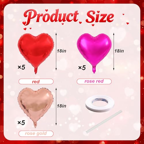 Villorem 15 Pcs Red Heart Shaped Balloons 18 Inch Hot Pink Valentines Balloons Rose Gold Foil Heart Balloon for Birthday Bridal Shower Engagement Wedding Valentine Party Decorations - Image 5