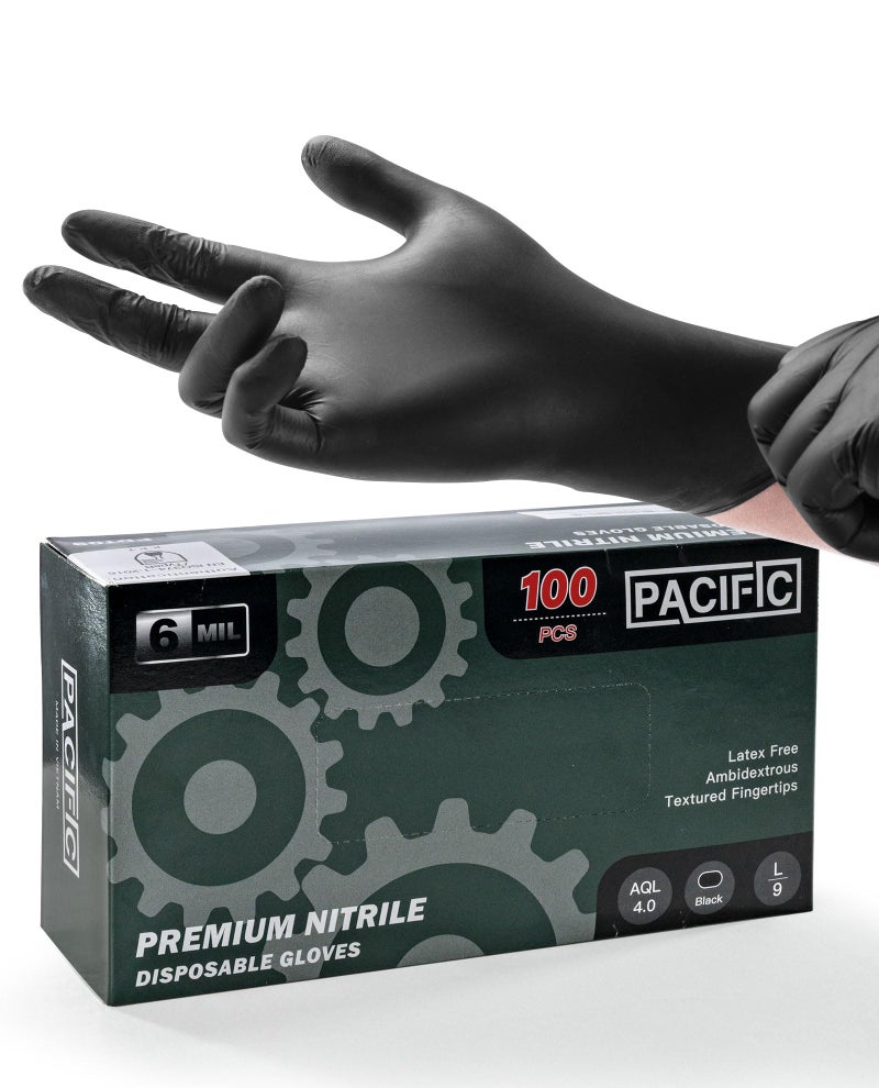 قفازات نيتريل سوداء قابلة للتصرف PACIFIC PPE بسماكة 6 مل آمنة للطعام للطهي والتنظيف خالية من البودرة ثقيلة الوزن بنقاط ملمس 100 عدداً كبيراً