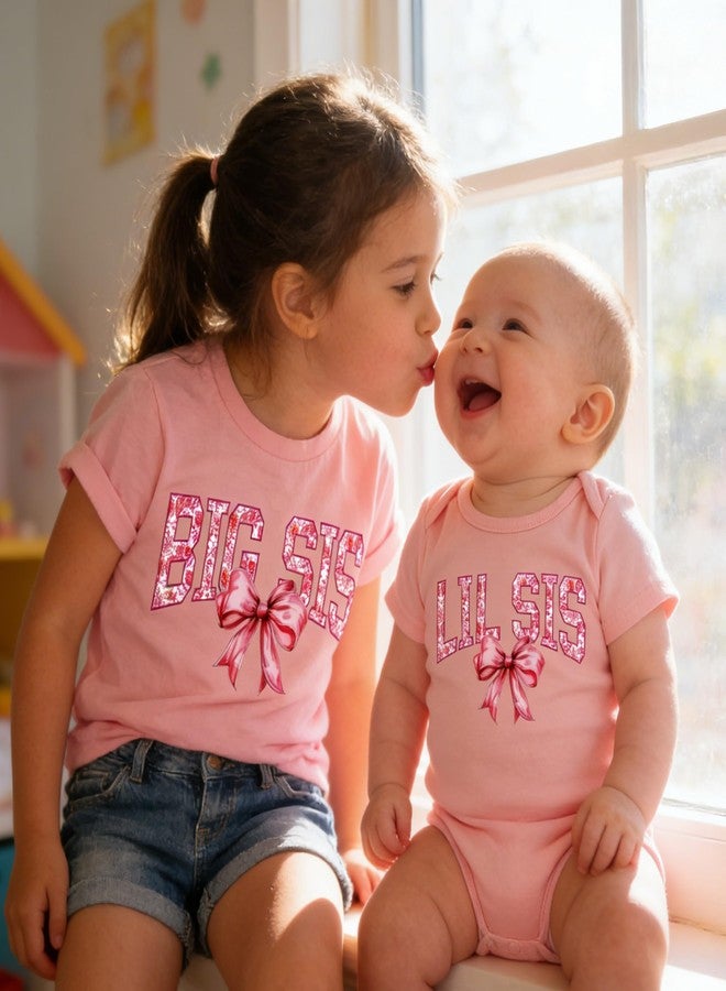 Funnycokid طقم ملابس متطابق للأخت الكبرى والأخت الصغرى من Funnycokid، قمصان للأطفال الصغار للبنات، هدايا للمواليد الجدد، مزين بفيونكة ونص، مقاس 4T (0-3 أشهر). - Image 2