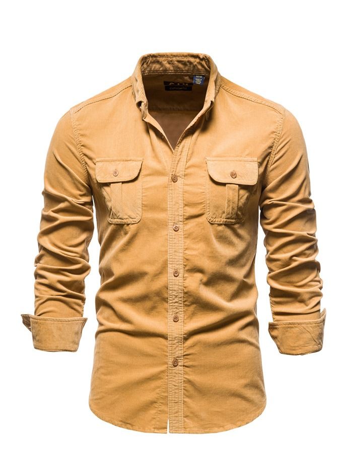 Loquat Men's Business Shirt Slim Casual Corduroy Shirt 