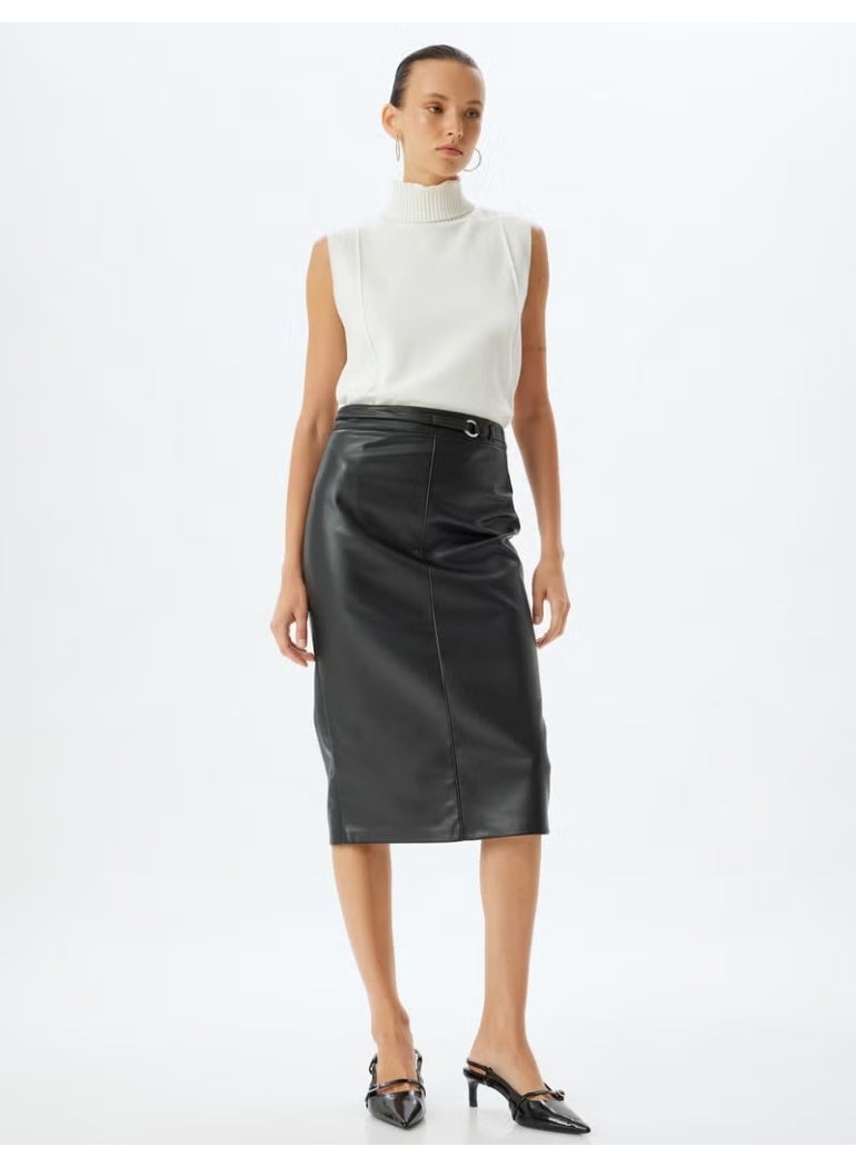 KOTON Cotton Faux Leather Skirt Midi Length Pencil Form Slit Belt Detail - Image 1