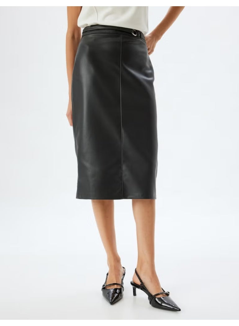 KOTON Cotton Faux Leather Skirt Midi Length Pencil Form Slit Belt Detail - Image 3