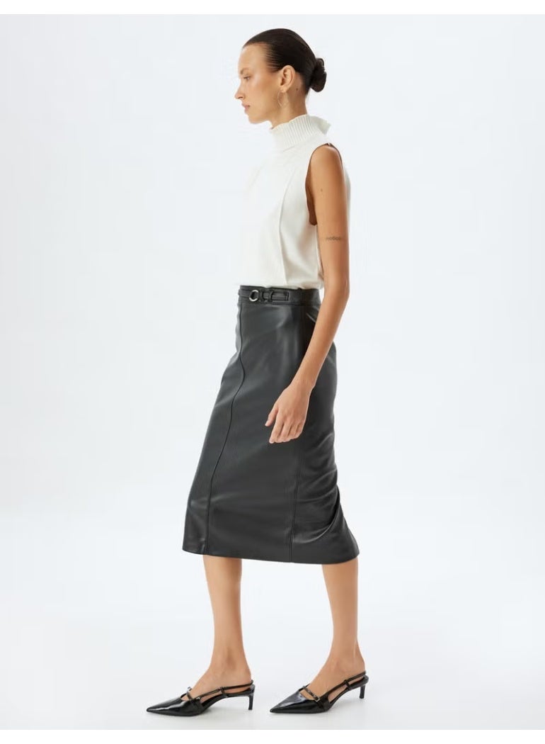 KOTON Cotton Faux Leather Skirt Midi Length Pencil Form Slit Belt Detail - Image 2