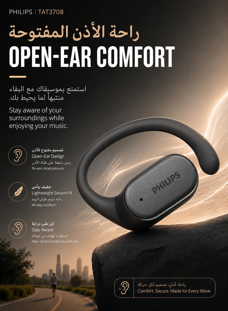 Philips Open Ear Sport Headphones, Bluetooth 5.4, Secure Earhook Fit, AI Clear Calls, IPX4 Waterproof, Touch Controls, USB-C Charging Case, 22H Battery Life,TAT3708 , Black black - Image 2