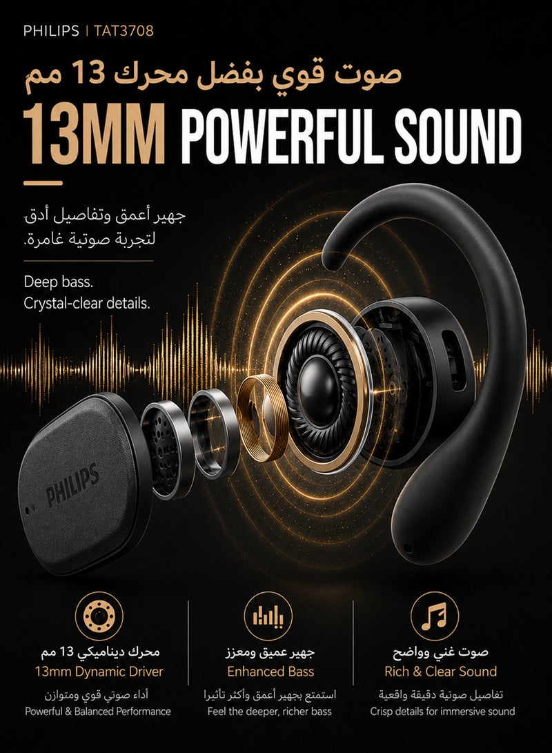 Philips Open Ear Sport Headphones, Bluetooth 5.4, Secure Earhook Fit, AI Clear Calls, IPX4 Waterproof, Touch Controls, USB-C Charging Case, 22H Battery Life,TAT3708 , Black black - Image 4