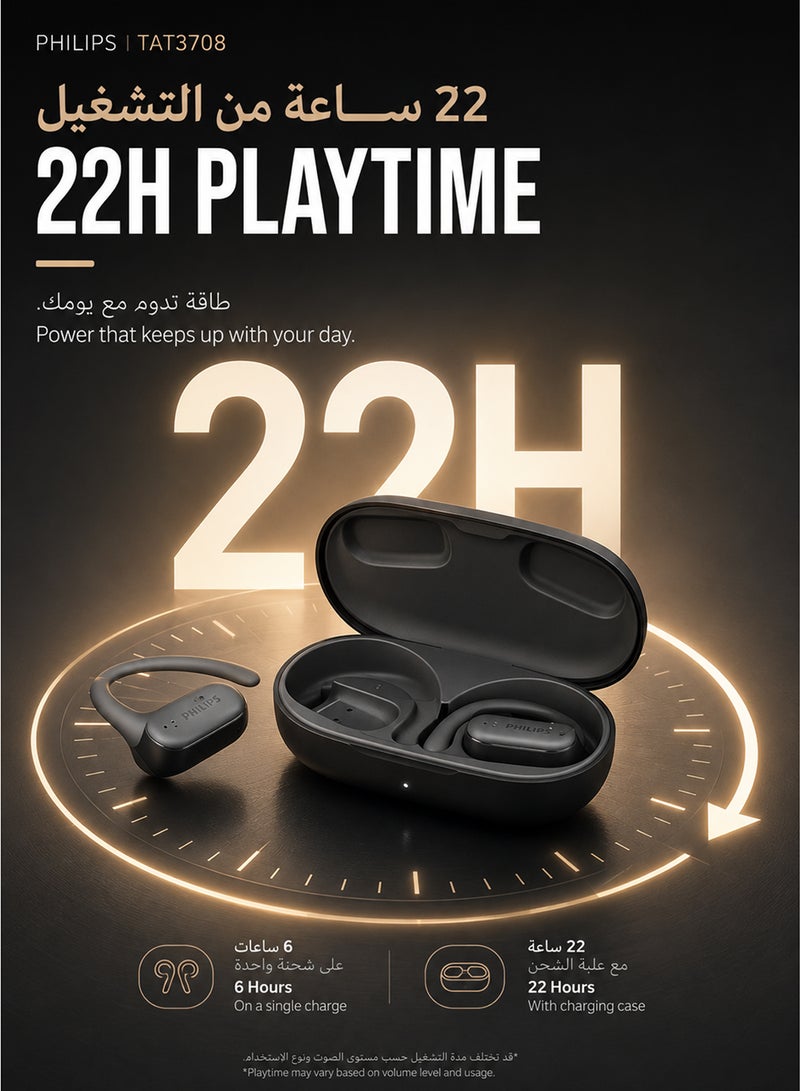 Philips Open Ear Sport Headphones, Bluetooth 5.4, Secure Earhook Fit, AI Clear Calls, IPX4 Waterproof, Touch Controls, USB-C Charging Case, 22H Battery Life,TAT3708 , Black black - Image 3