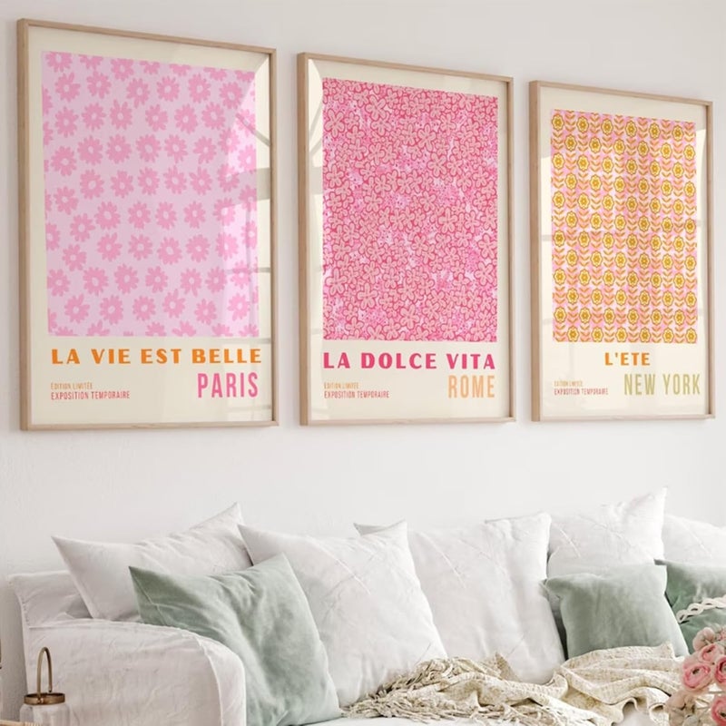 Youillne Set of 3 Pink Flower Market Wall Art Prints - Image 1