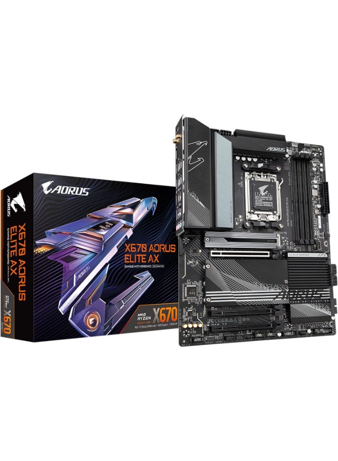 GIGABYTE X670 AORUS Elite AX (AM5/ LGA 1718/ AMD/ X670/ ATX/ 5 Year Warranty/ DDR5/ Quad M.2/ PCIe 5.0/ USB 3.2 Gen2X2 Type-C/AMD WiFi 6E/ 2.5GbE LAN/Q-Flash Plus/M.2 EZ-Latch/Gaming Motherboard) - Image 1