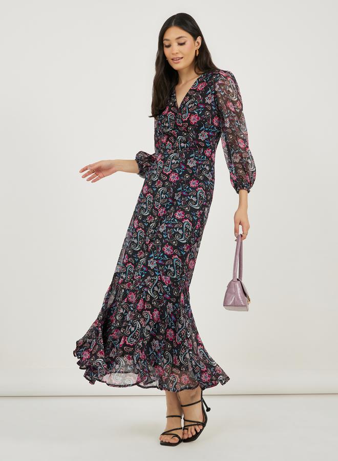 Styli All Over Print Long Sleeves A-Line Maxi Dress - Image 4