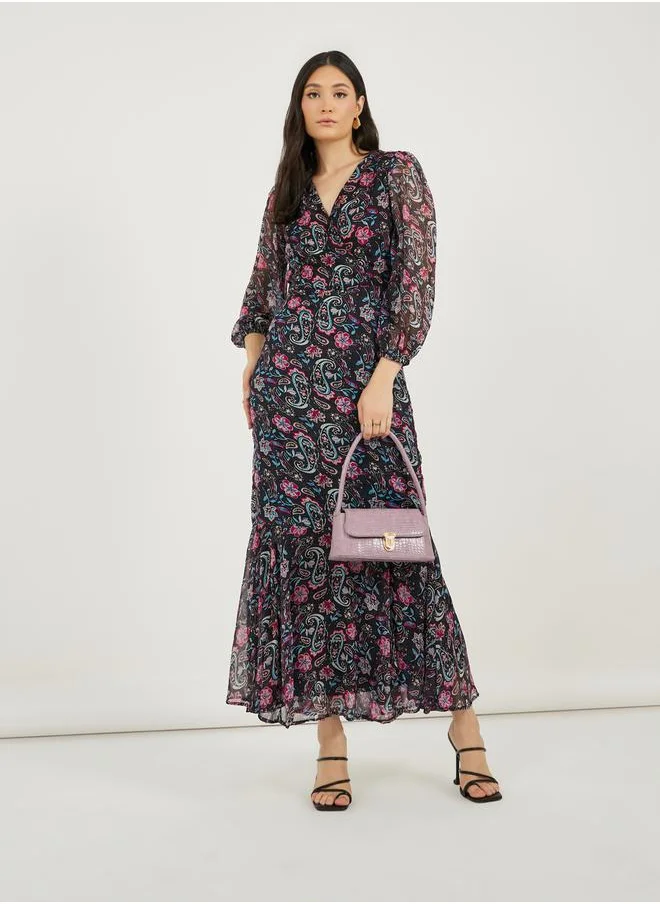 Styli All Over Print Long Sleeves A-Line Maxi Dress