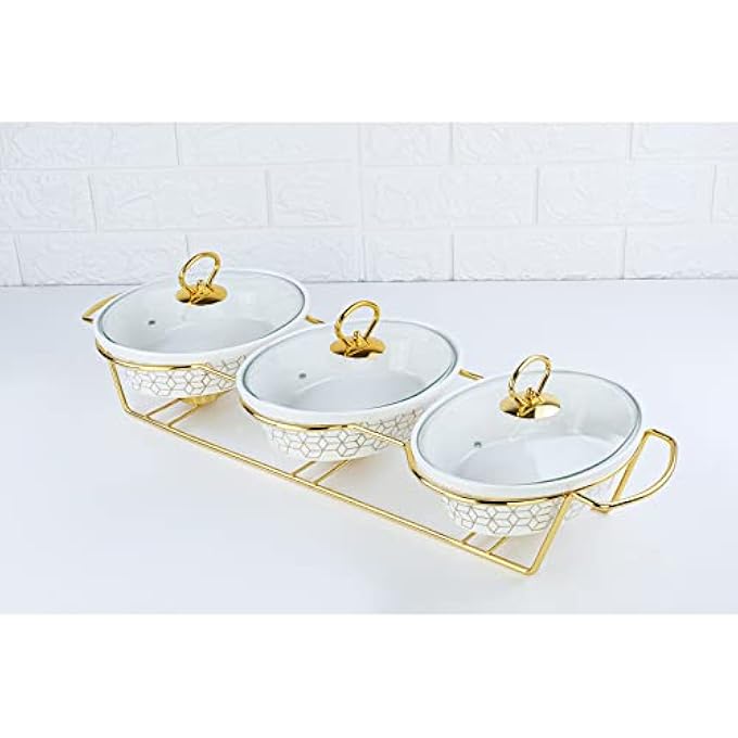 rayihni Shallow Triple Oval Porcelain Casserole With Golden Metal Warmer Rack And Lid - Image 2