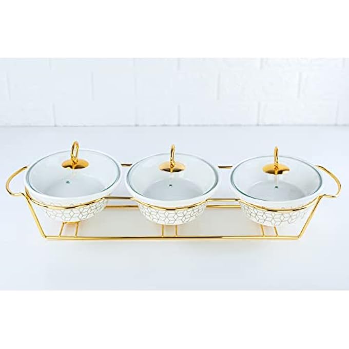 rayihni Shallow Triple Oval Porcelain Casserole With Golden Metal Warmer Rack And Lid - Image 3