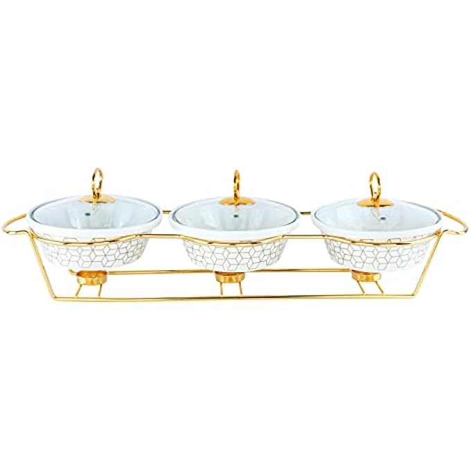 rayihni Shallow Triple Oval Porcelain Casserole With Golden Metal Warmer Rack And Lid - Image 1