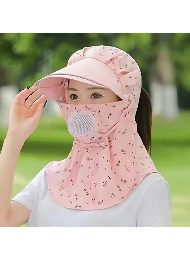 Goolsky 1Pc Classic Floral Printed Sun Hat With Face Mask & Neck Flap Shawl Solid Color Summer Hats Outdoor Cycling Hiking Fishing Hats For Women daily uses (Light Pink)  - Image 3