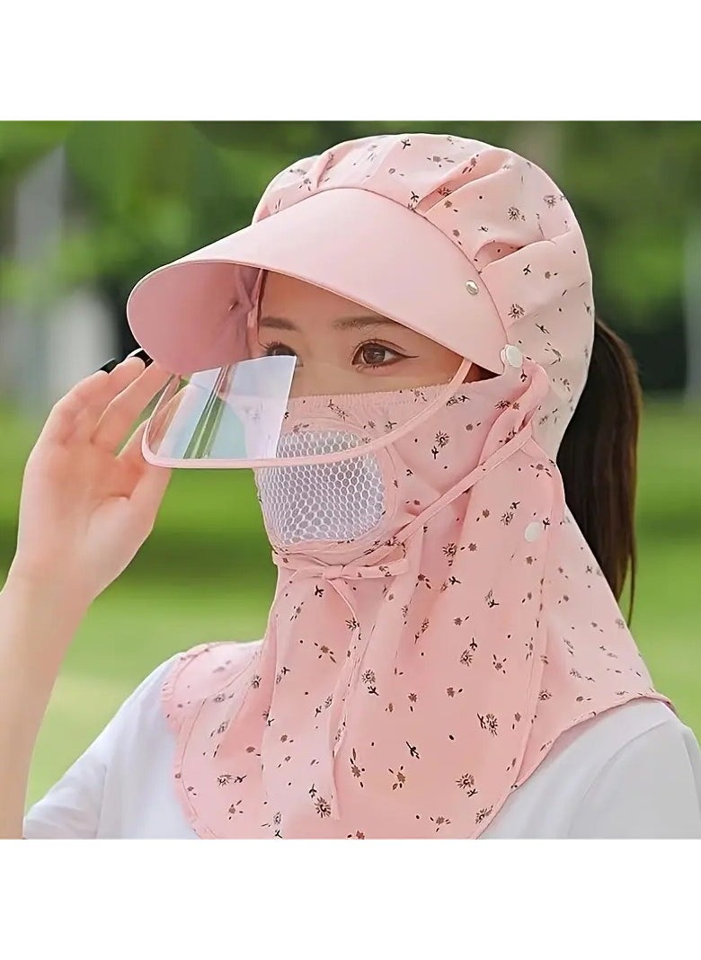 Goolsky 1Pc Classic Floral Printed Sun Hat With Face Mask & Neck Flap Shawl Solid Color Summer Hats Outdoor Cycling Hiking Fishing Hats For Women daily uses (Light Pink)  - Image 5