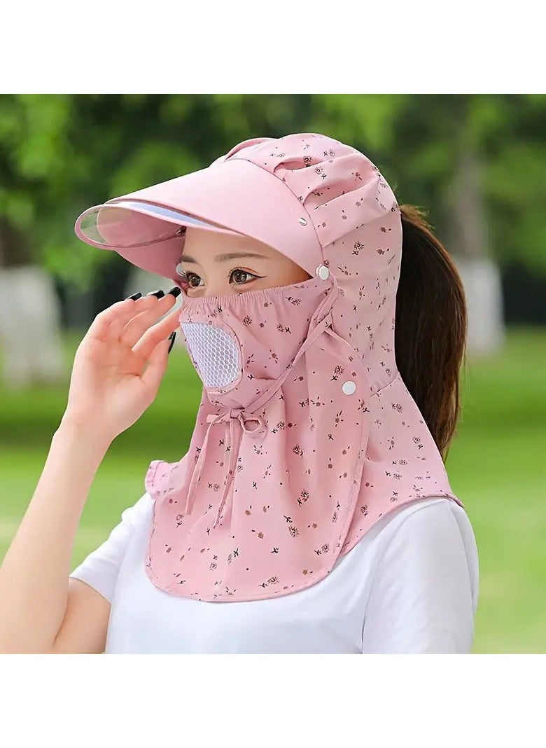 Goolsky 1Pc Classic Floral Printed Sun Hat With Face Mask & Neck Flap Shawl Solid Color Summer Hats Outdoor Cycling Hiking Fishing Hats For Women daily uses (Light Pink)  - Image 4