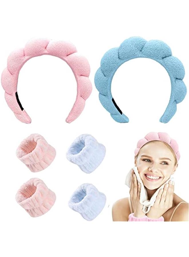 RYNX 6PCS Spa Headband for Washing Face and Wrist Bands for Washing Face Set Makeup Headband and Wrist Towels for Washing Face Skincare Headbands Head Bands for Women's Hair，Sponge Puffy - Image 1