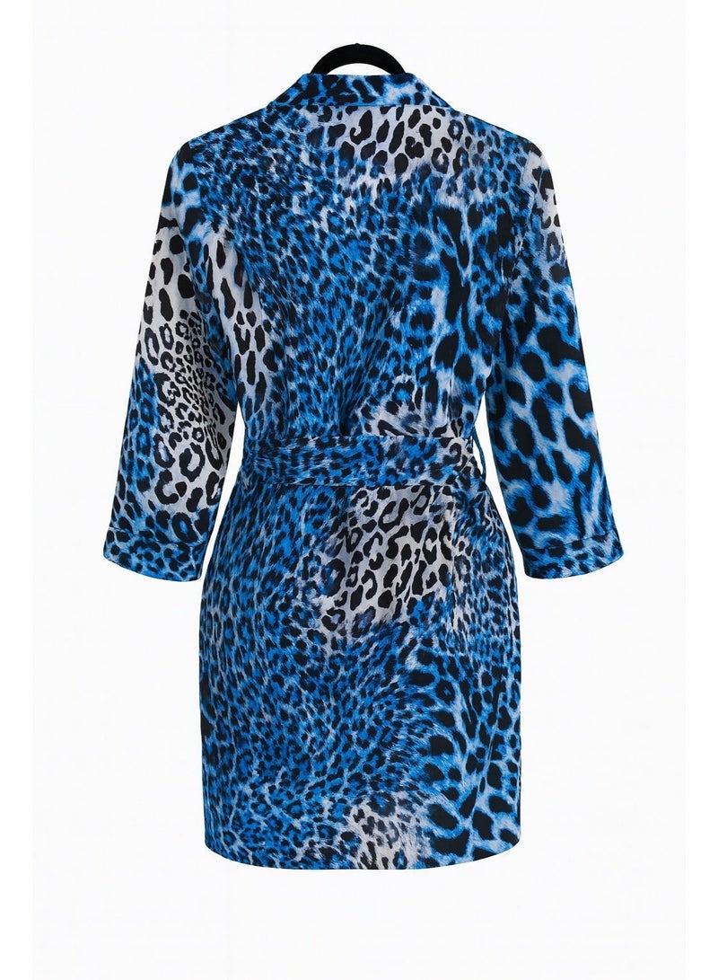 CHEVALIER FASHION Women’s Leopard Print Dress with Waist Tie – Blue - Image 2