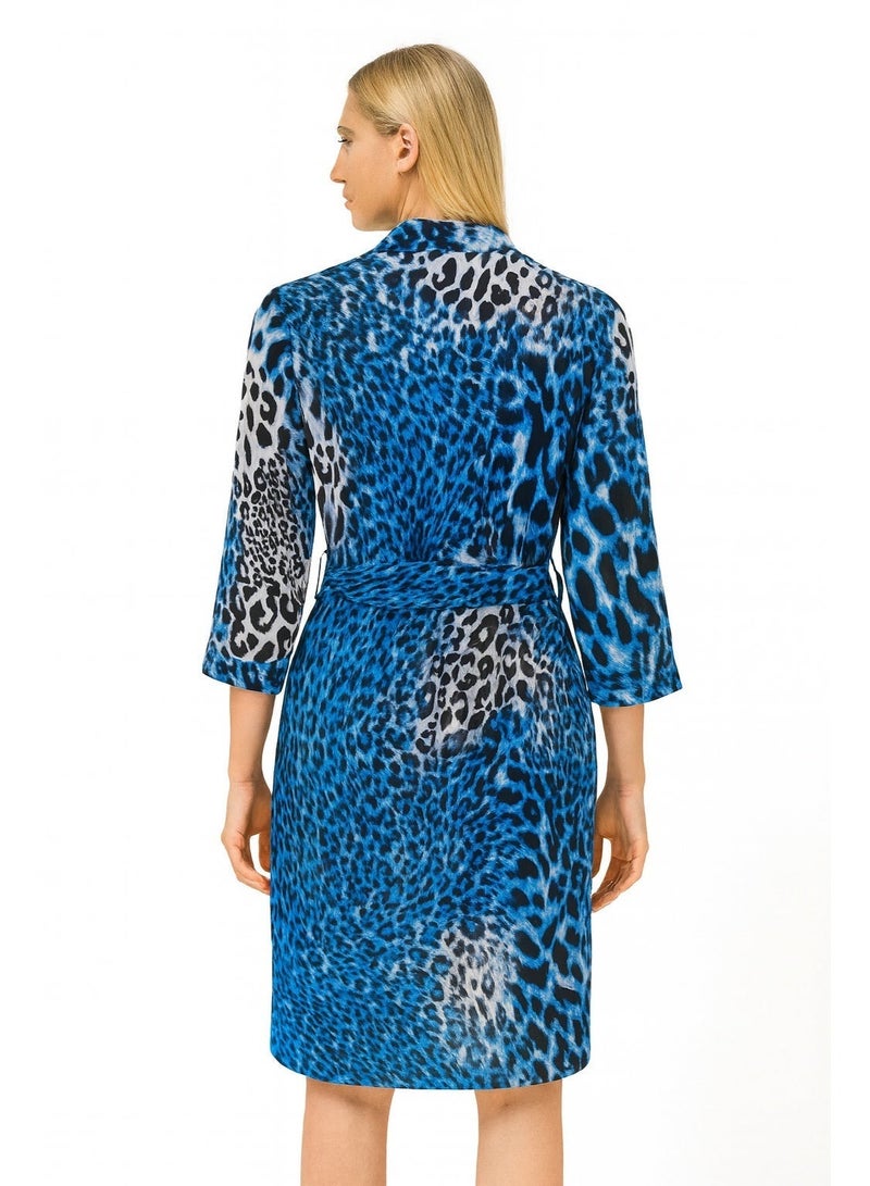 CHEVALIER FASHION Women’s Leopard Print Dress with Waist Tie – Blue - Image 1