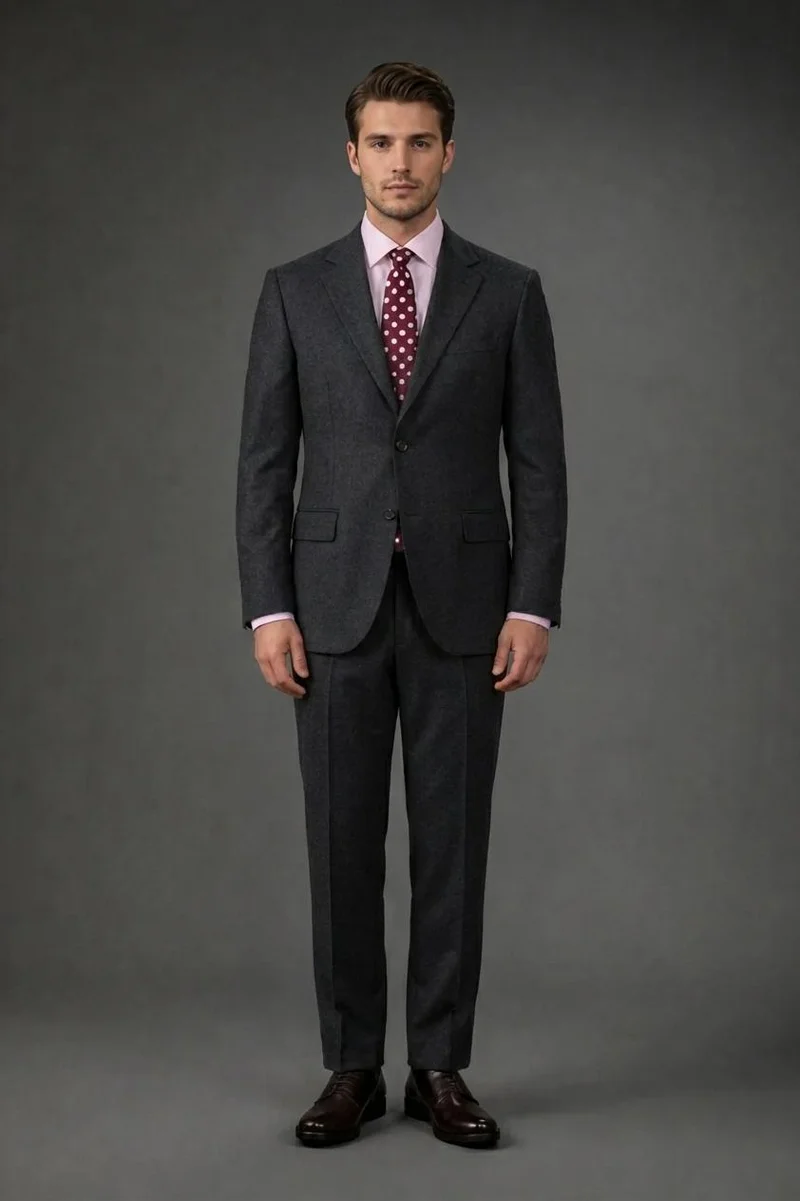 دوبل غانغر Single-breasted men's suit with classic single-pleat trousers, in pure combed wool with herringbone weave - DK Grey
