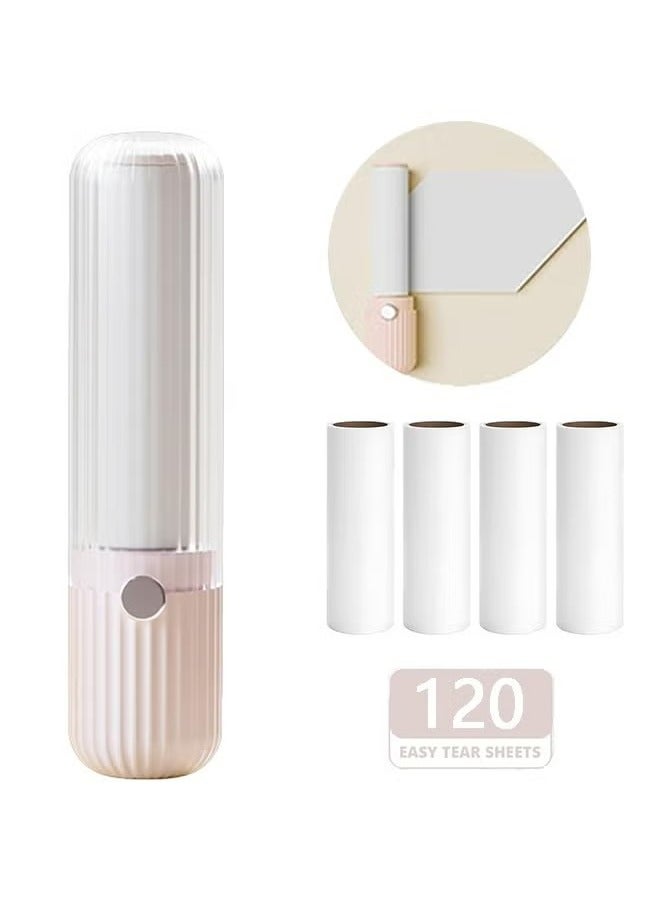 Compact Lint Roller with 120 Sheets, Portable Pet Hair Remover for Clothes, Furniture, and Travel Household Use, 1 Handle+4 Roller Refills Replacement (Pink)  - Image 1