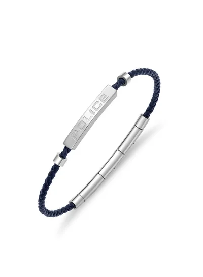 بوليس Contour BraceletBlue Leather with Stainless Steel Rings and Etched  PlaqueMen's Bold Statement Style