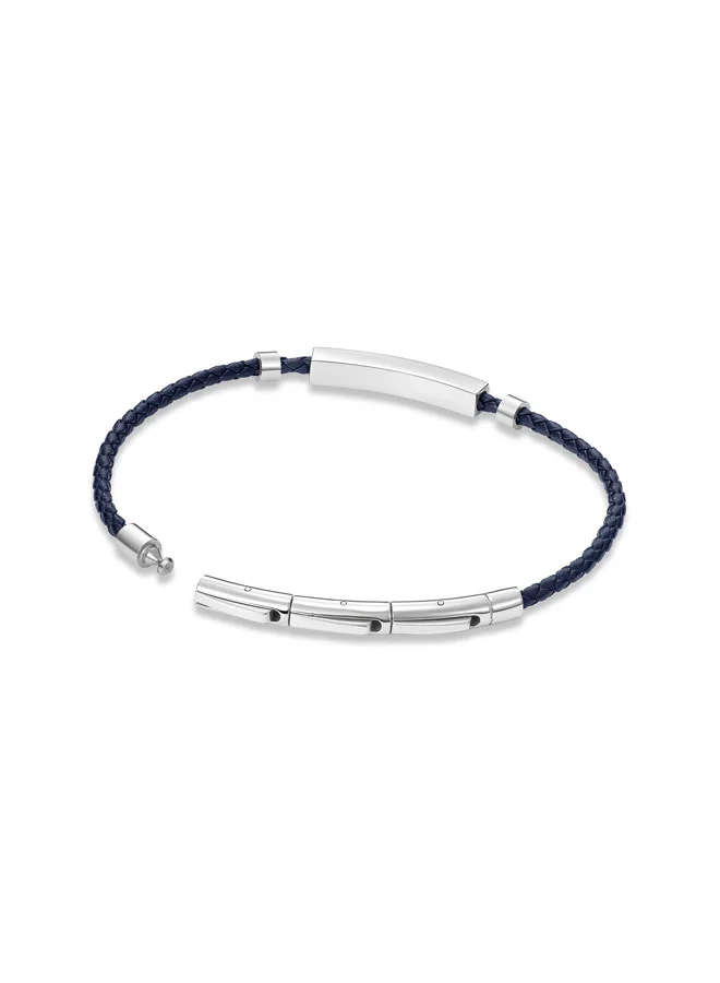 بوليس Contour BraceletBlue Leather with Stainless Steel Rings and Etched  PlaqueMen's Bold Statement Style