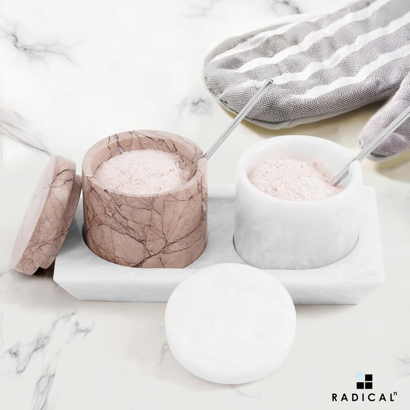 RADICALn Worldwide simple practical design White & Marinara Marble Salt Cellar Set of 2 with Tray & Lids, 3 Inch Handmade Natural Stone Salt & Spice Containers for Kitchen Countertop Storage, Luxury Kitchen Decor Accessory General compatible practical design - Image 2