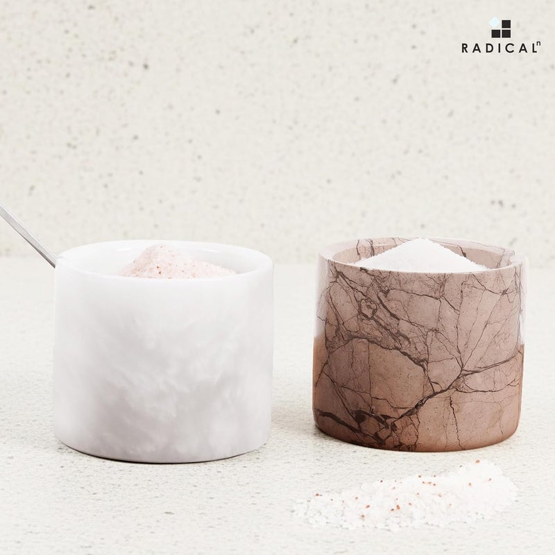 RADICALn Worldwide simple practical design White & Marinara Marble Salt Cellar Set of 2 with Tray & Lids, 3 Inch Handmade Natural Stone Salt & Spice Containers for Kitchen Countertop Storage, Luxury Kitchen Decor Accessory General compatible practical design - Image 5