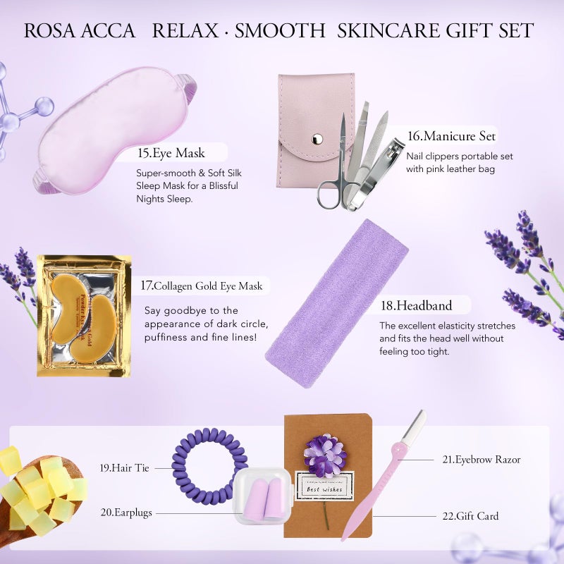 RA ROSA ACCA مجموعة العناية بالبشرة للنساء، 28 قطعة مجموعة العناية بالبشرة تشمل كريم الوجه، زيت أساسي، شمعة معطرة، برائحة اللافندر، هدايا سبا لعيد الميلاد للنساء، هدية عيد الأم - Image 4