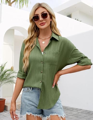 Neweek Linen Button Down Shirts for Women Casual Long Sleeve V Neck Button Up Shirt Summer Work Collared Blouses Tops Army Green - Image 3