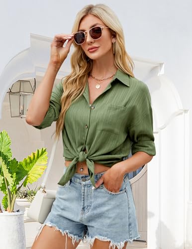 Neweek Linen Button Down Shirts for Women Casual Long Sleeve V Neck Button Up Shirt Summer Work Collared Blouses Tops Army Green - Image 4