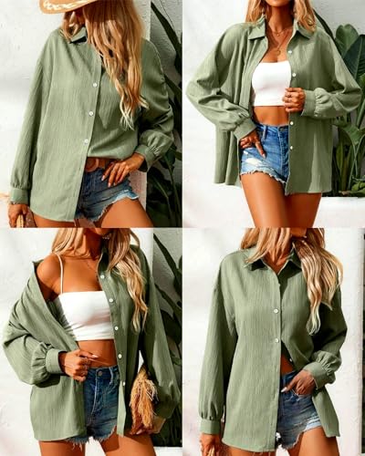 Neweek Linen Button Down Shirts for Women Casual Long Sleeve V Neck Button Up Shirt Summer Work Collared Blouses Tops Army Green - Image 5
