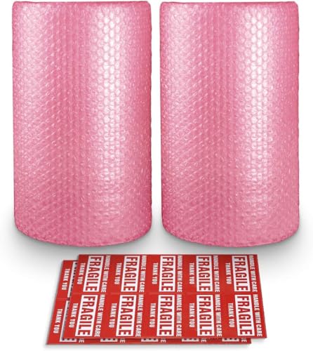 Pacific Mailer 2-Pack Anti-Static Bubble Cushioning Wrap Rolls, 3/16" x 12" x 72' ft Total, Perforated Every 12", 20 Fragile Stickers for Packaging, Shipping, Mailing - Image 1