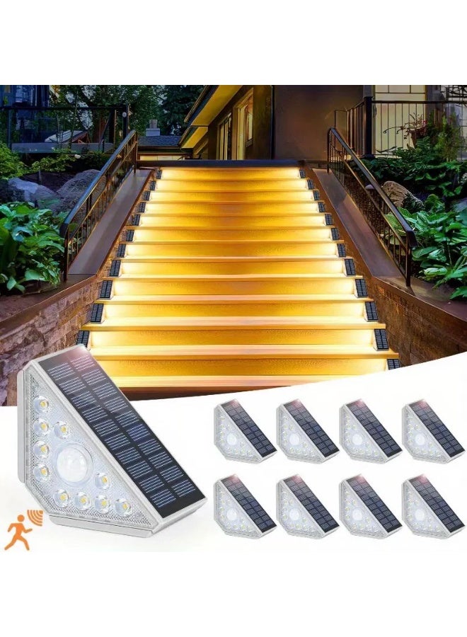 مصابيح سلالم تعمل بالطاقة الشمسية – عبوة من 2، إضاءة دافئة بـ 14 LED مع مستشعر حركة بزاوية 120°، مقاومة للماء، تشغيل تلقائي، تثبيت بشريط 3M أو بالبراغي - Image 1