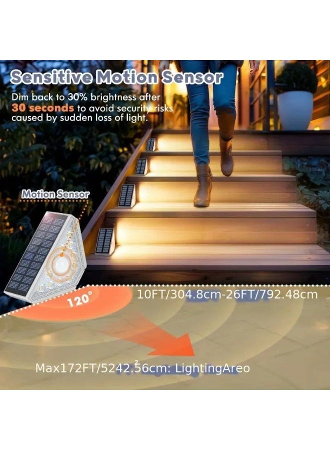 مصابيح سلالم تعمل بالطاقة الشمسية – عبوة من 2، إضاءة دافئة بـ 14 LED مع مستشعر حركة بزاوية 120°، مقاومة للماء، تشغيل تلقائي، تثبيت بشريط 3M أو بالبراغي - Image 2