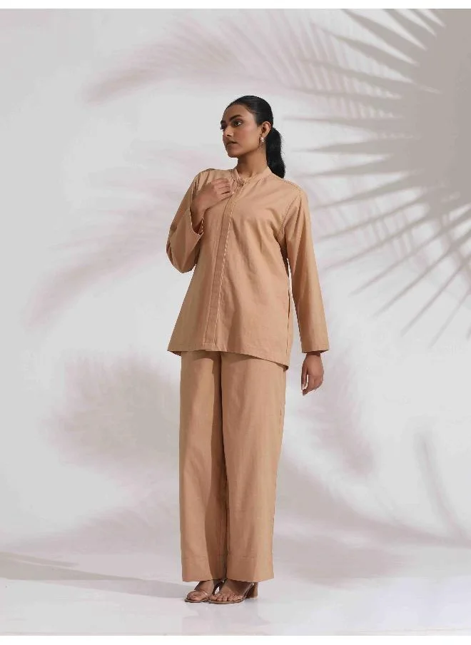 ترو برونز trueBrowns Beige Cotton Embroidered Shirt Top Co-ord Set