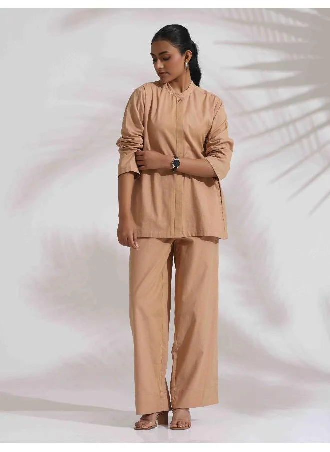 ترو برونز trueBrowns Beige Cotton Embroidered Shirt Top Co-ord Set