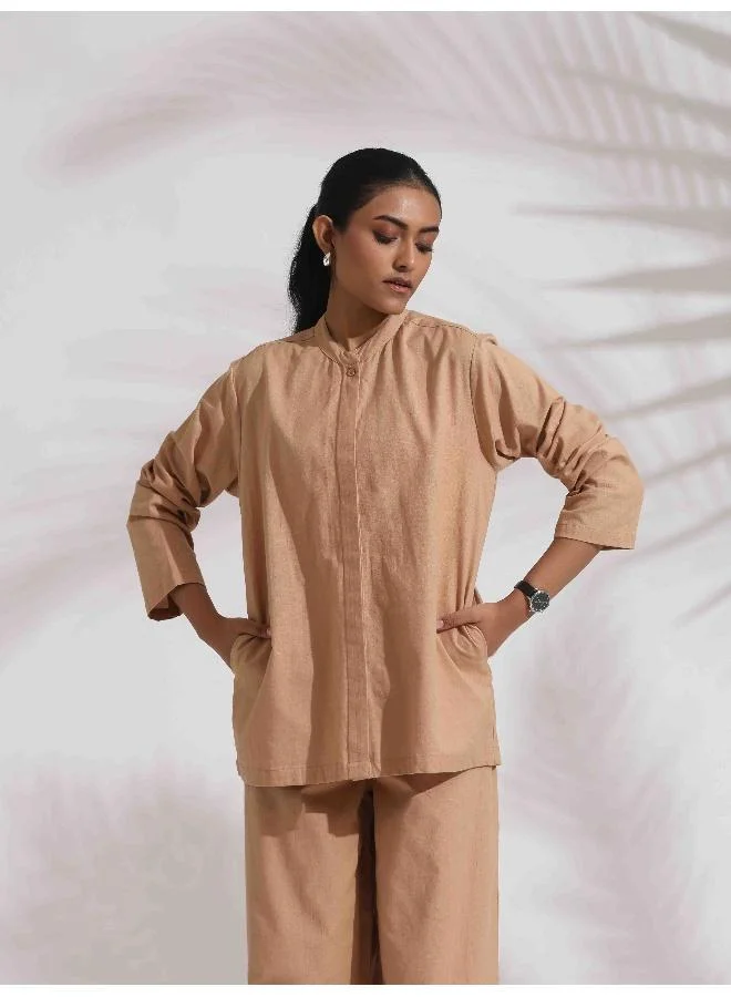 ترو برونز trueBrowns Beige Cotton Embroidered Shirt Top Co-ord Set