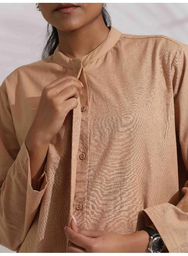ترو برونز trueBrowns Beige Cotton Embroidered Shirt Top Co-ord Set