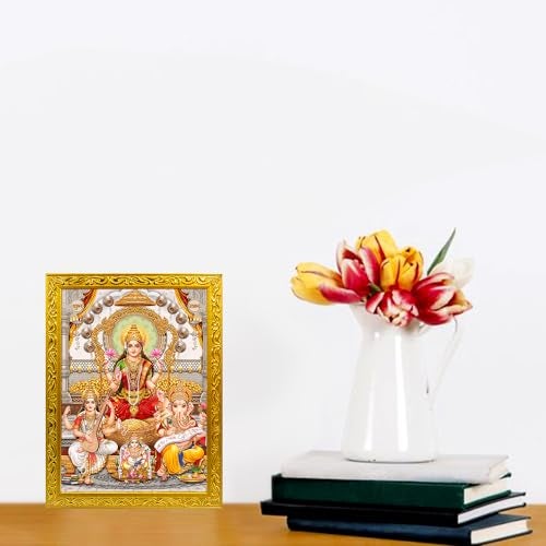 Frame Cart Laxmi Ganesh Saraswati with Kuber ji photo frame - Small and Large Acrylic Photo Frames for Table, Temple, Wall, Mandir & Gym, and for Home Decor (4x6 Inches, Design 01) - Image 2