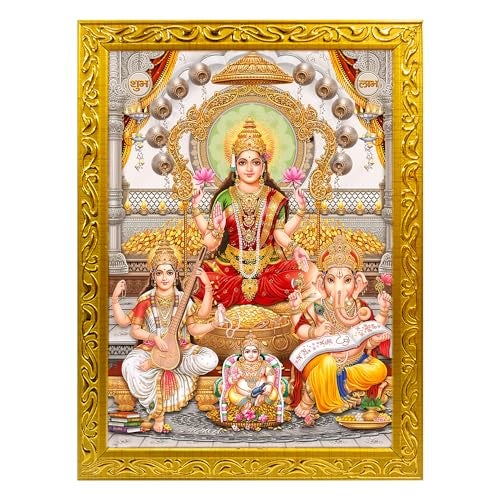 Frame Cart Laxmi Ganesh Saraswati with Kuber ji photo frame - Small and Large Acrylic Photo Frames for Table, Temple, Wall, Mandir & Gym, and for Home Decor (4x6 Inches, Design 01) - Image 1