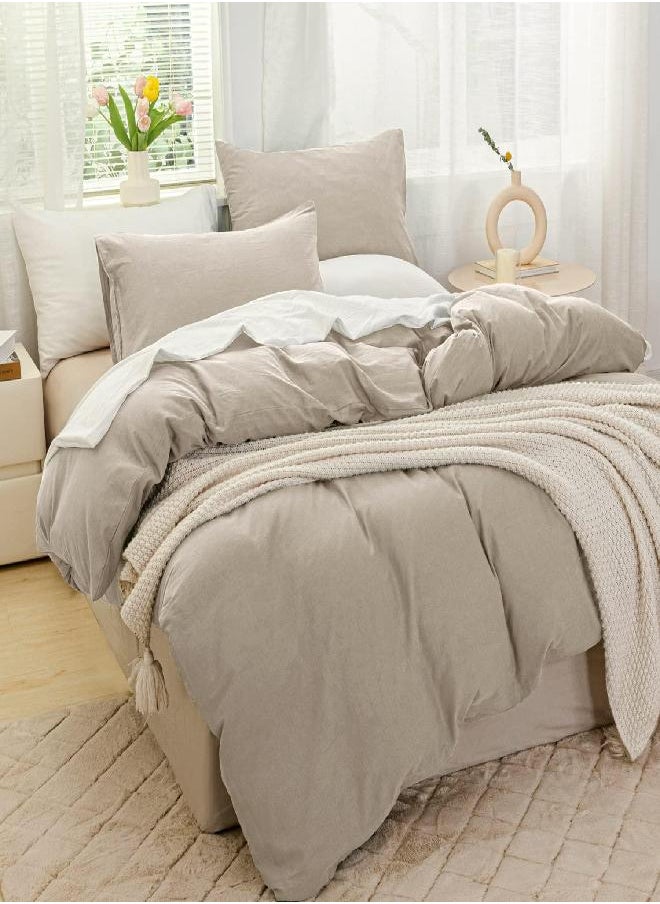 JELLYMONI JELLYMONI Cream Grey 100% Washed Cotton Linen Like Textured Duvet Cover Set, 3 Pieces Ultra Soft Bedding Set with Zipper Closure. Solid Color Pattern Duvet Cover Queen Size (No Comforter)  - Image 2