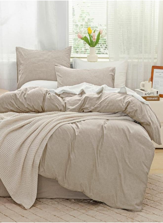 JELLYMONI JELLYMONI Cream Grey 100% Washed Cotton Linen Like Textured Duvet Cover Set, 3 Pieces Ultra Soft Bedding Set with Zipper Closure. Solid Color Pattern Duvet Cover Queen Size (No Comforter)  - Image 1