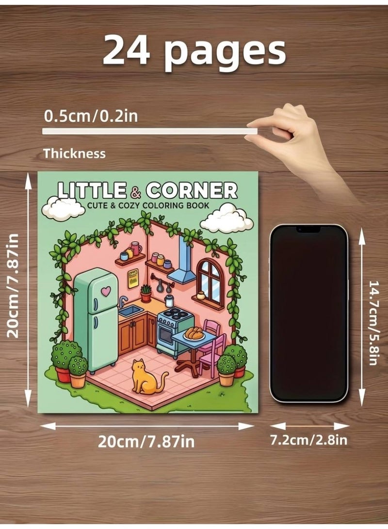 Little & Corner Cute and Cozy Coloring Book - Anti-Stress Kawaii Room Scenes for Kids & Adults - 24 Single-Sided Pages, 20x20 cm - Image 2