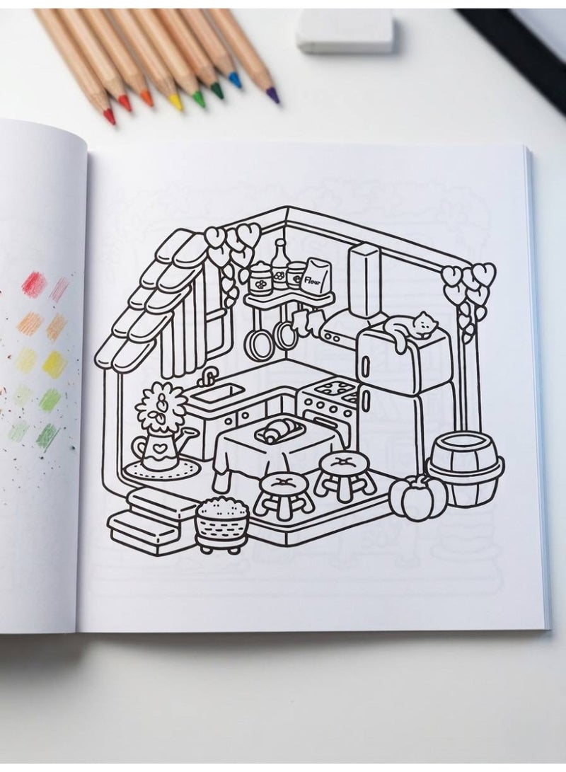 Little & Corner Cute and Cozy Coloring Book - Anti-Stress Kawaii Room Scenes for Kids & Adults - 24 Single-Sided Pages, 20x20 cm - Image 5