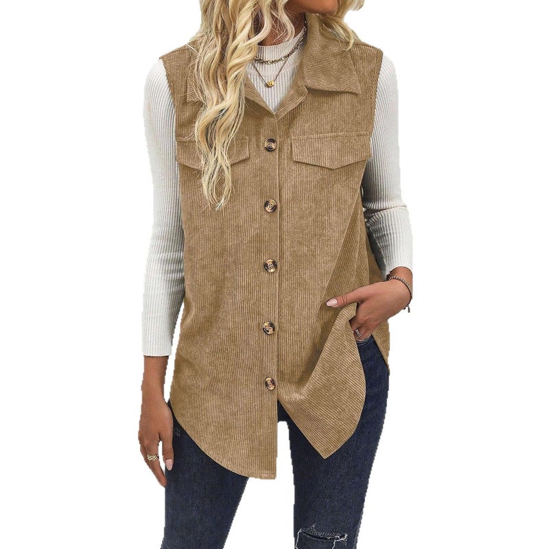 Women's Corduroy Vest Lapel Cardigan Casual Open Front Sleeveless Top - Image 4