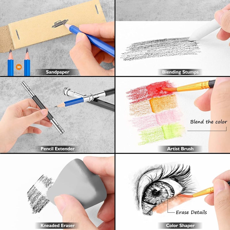 Caliart 176PCS Art Supplies Sketching Kit with 100 Sheets 3-Color Sketch Book, Graphite Colored Charcoal Watercolor & Metallic Pencils, Drawing Supplies Christmas Gifts for Artists Adults Beginners - Image 5