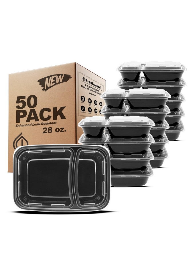 Freshware Meal Prep Containers [50 Pack] 2 Compartment with Lids, Food Storage Containers, Bento Box, BPA Free, Stackable, Microwave/Dishwasher/Freezer Safe (28 oz) - Image 1